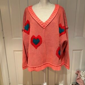 POL Heart Patterned V-Neck Sweater  Size L NWOT